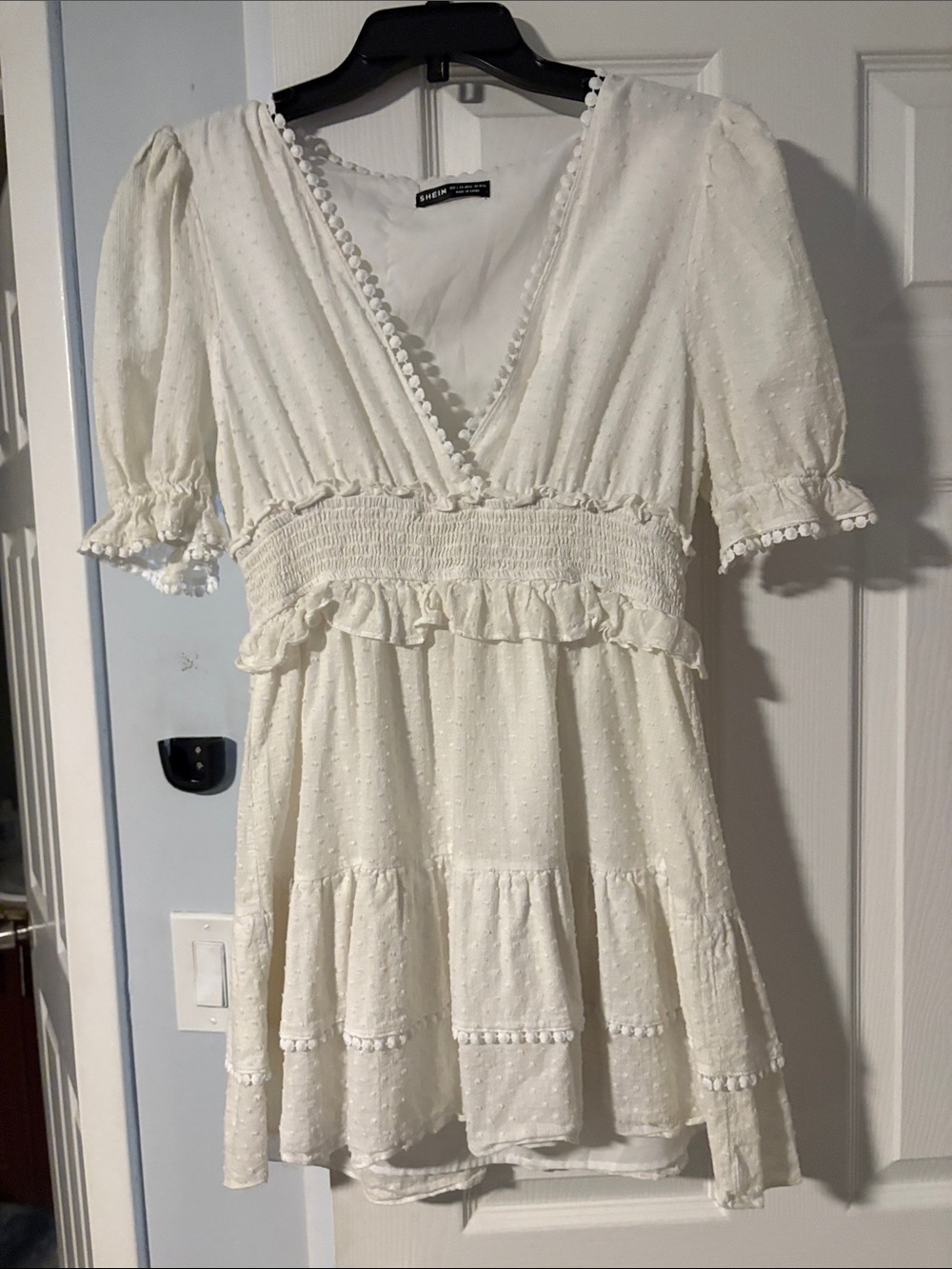 SHEIN White Swiss Dot Smocked Waist Mini Dress slip underneath
